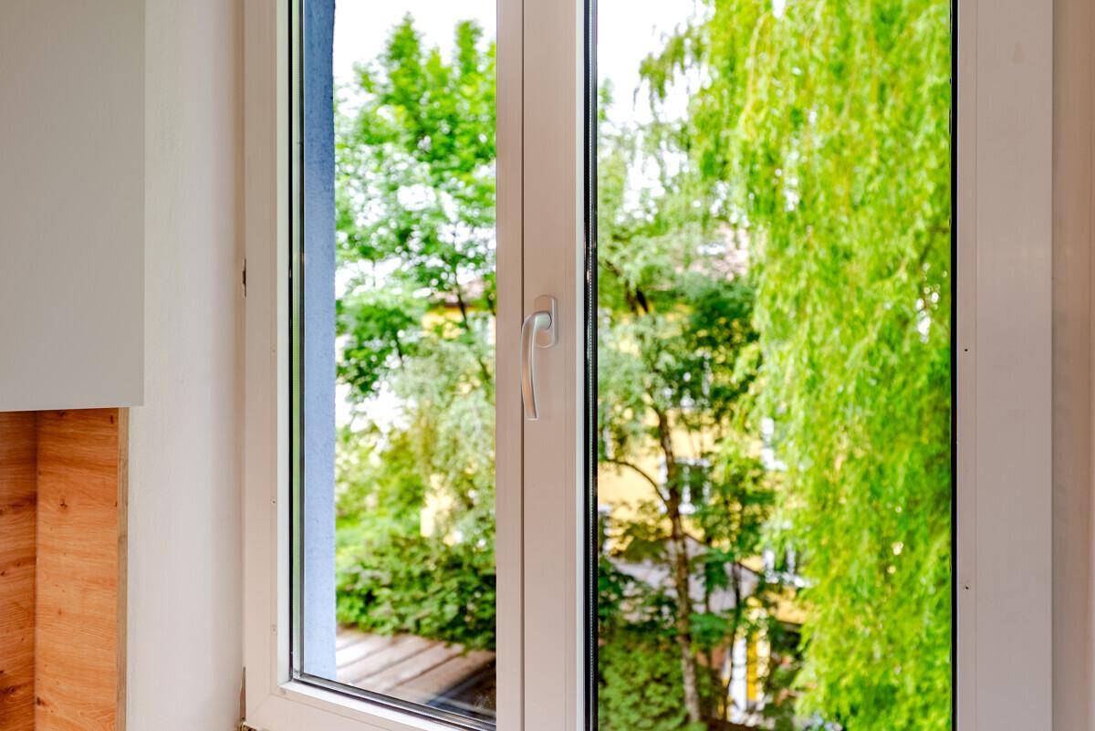 Nahaufnahme eines Fensters mit Blick auf üppiges Grün und Bäume.