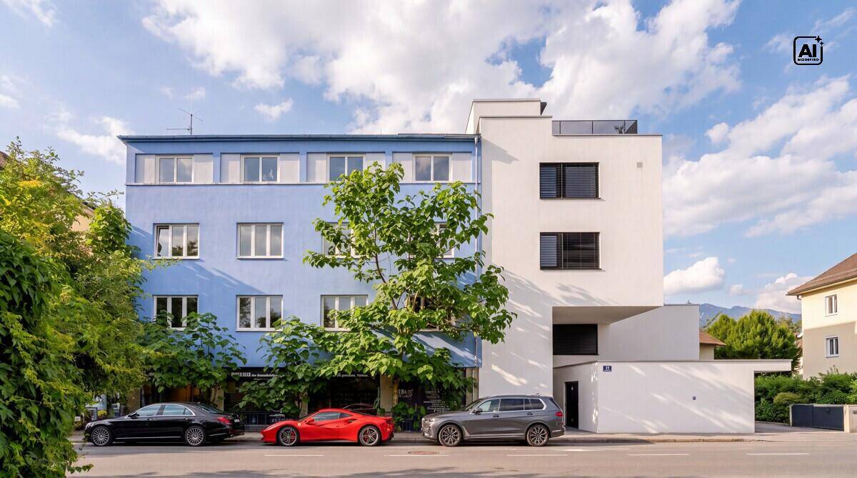 Moderne Gebäudefassade mit blauen und weißen Abschnitten sowie parkenden Autos davor.