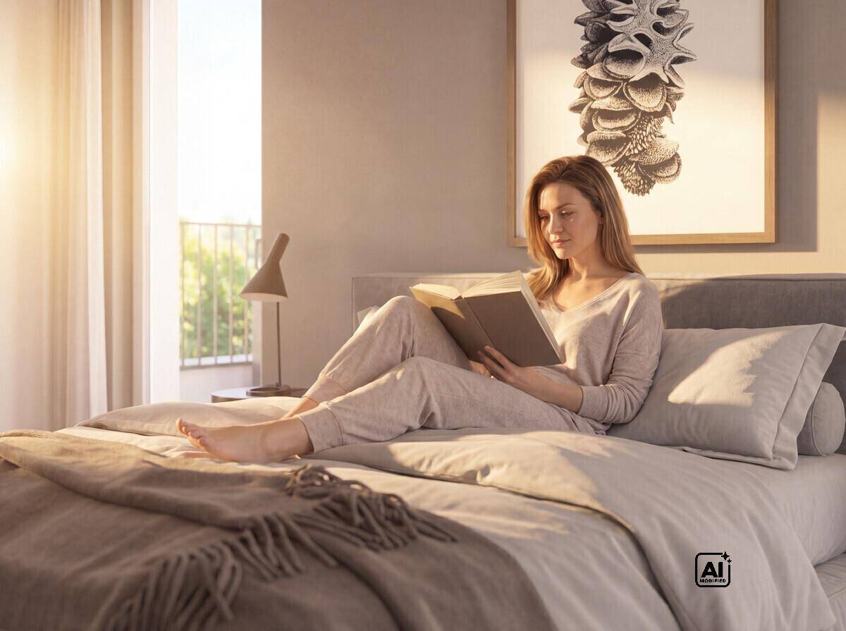 Entspannter Moment in einem hellen Schlafzimmer mit modernem Design und Balkonblick ins Grüne.