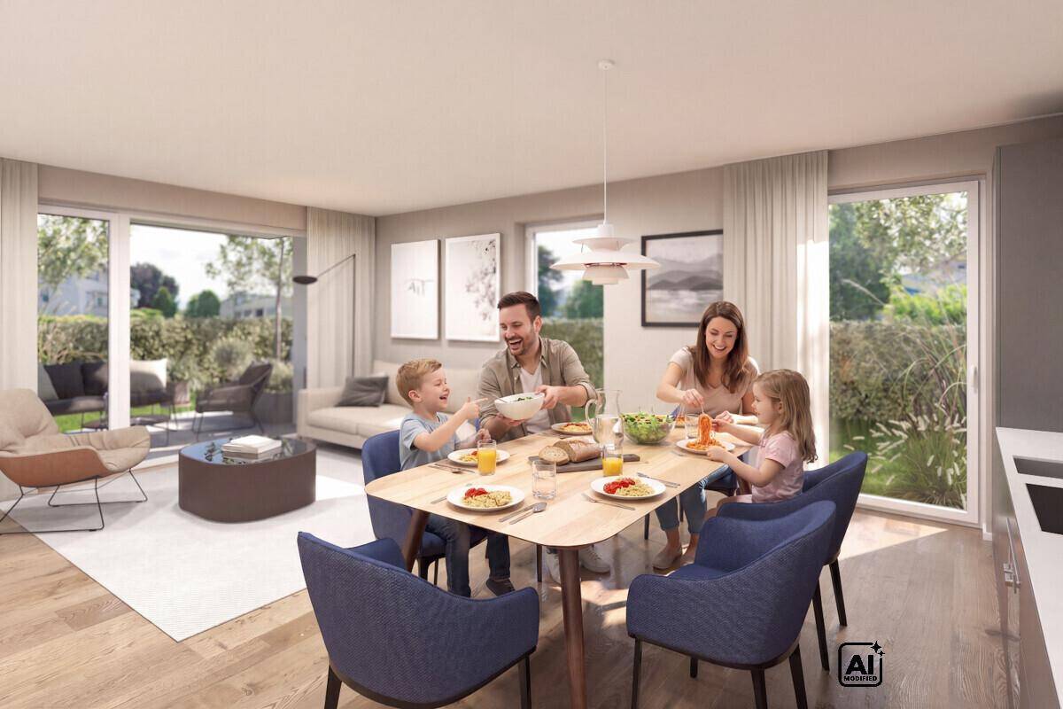 Heller Wohn-Essbereich mit Holzboden, großem Esstisch und Zugang zur Terrasse.