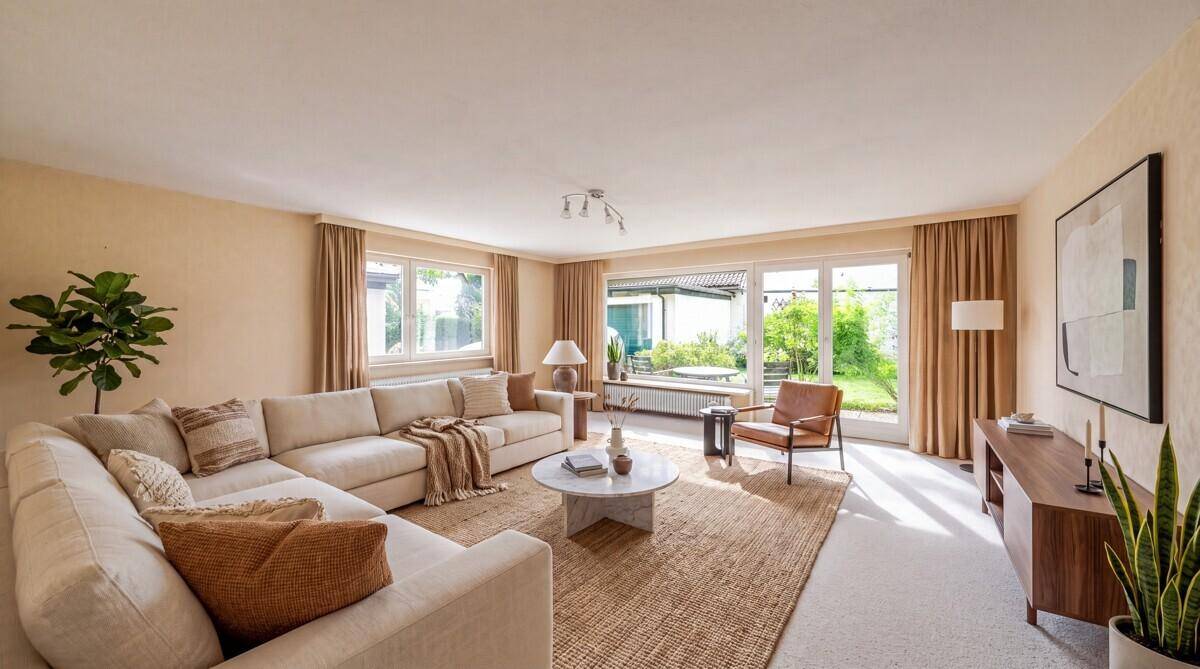 Helles Wohnzimmer mit großem Ecksofa, Teppichboden und Zugang zum Garten.