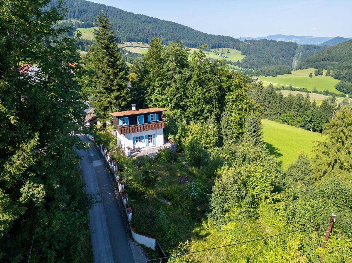 Panoramablick aus der Vogelperspektive auf das Haus, eine kurvenreiche Straße und die weite grüne Berglandschaft.
