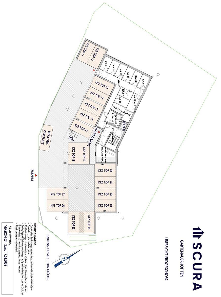 Grundriss des Erdgeschosses mit Tiefgaragenstellplätzen und Abstellräumen für die Wohneinheiten.