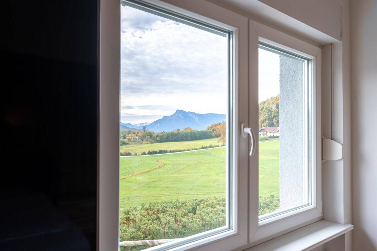 Fensterblick auf die grüne Landschaft und die fernen Berge unter einem bewölkten Himmel.