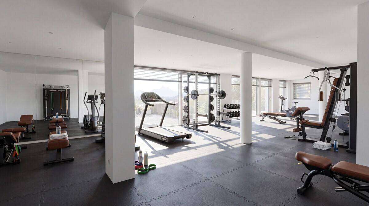 Geräumiger Fitnessraum mit verschiedenen Trainingsgeräten, großen Fenstern und Blick ins Grüne.