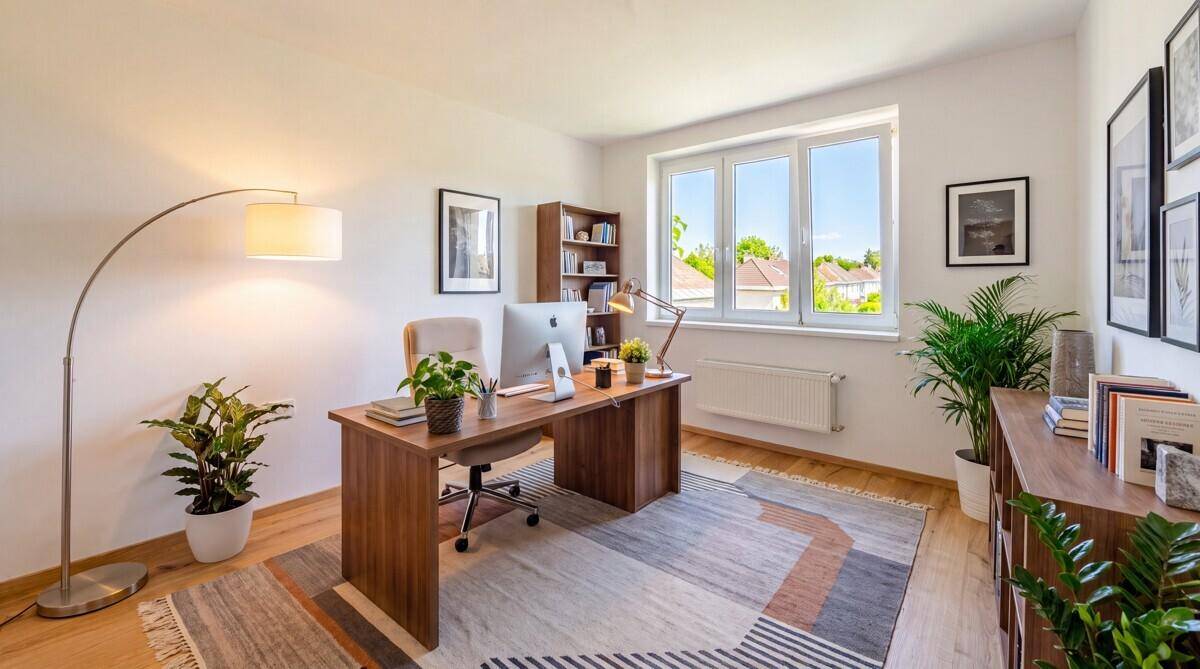 Modernes Arbeitszimmer mit großem Schreibtisch, Holzboden und vielen Pflanzen, das eine produktive Umgebung schafft.
