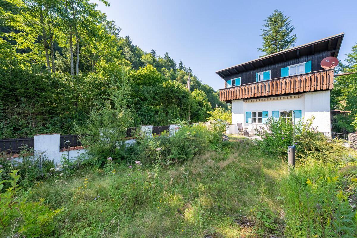 Ansicht des Hauses mit weißer Fassade, blauen Fensterläden und Holzbalkon, umgeben von üppiger Vegetation.