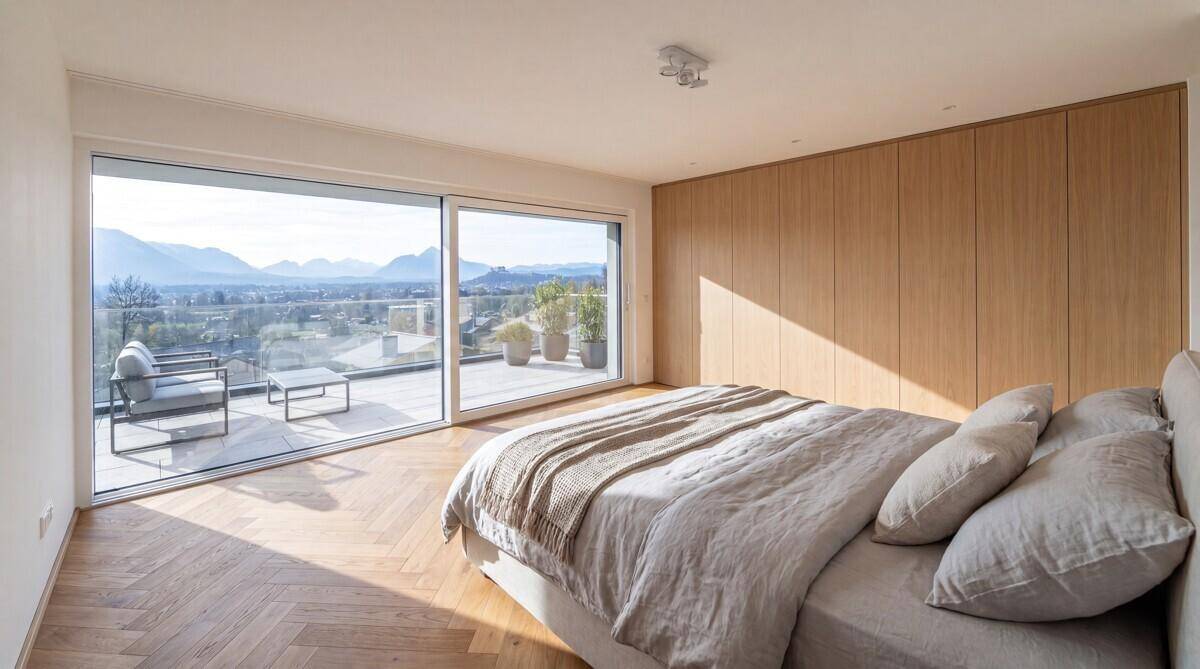 Modernes Schlafzimmer mit Holzboden, Einbauschränken und Zugang zu einer großen Terrasse mit Aussicht.
