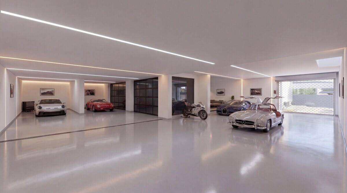 Geräumige Tiefgarage mit mehreren Stellplätzen und moderner Beleuchtung für Luxusfahrzeuge.