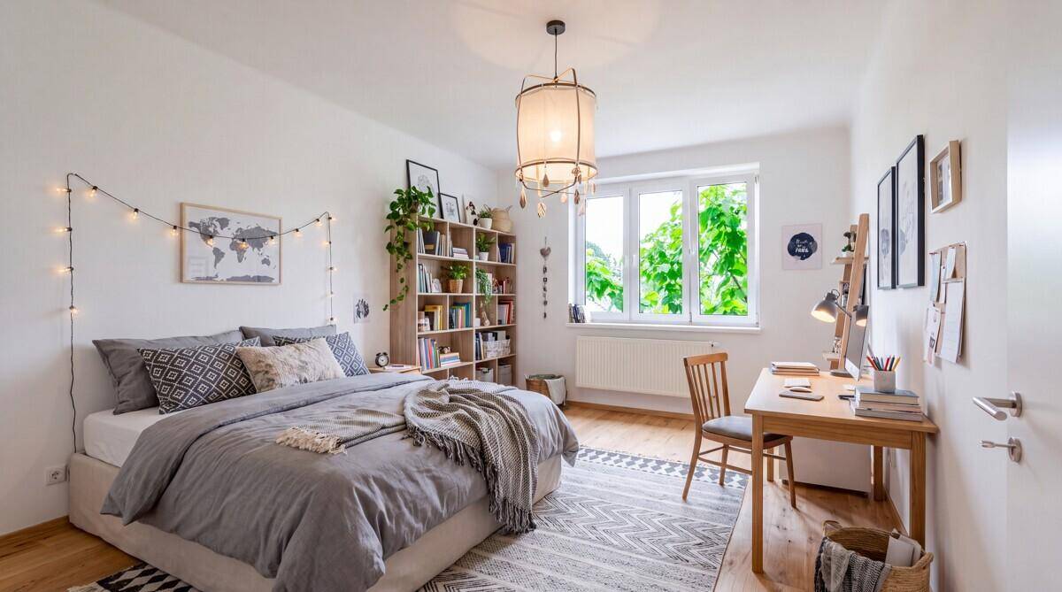 Gemütliches Schlafzimmer mit Holzboden, Schreibtisch und Bücherregal, dekoriert mit Lichterketten für eine warme Stimmung.