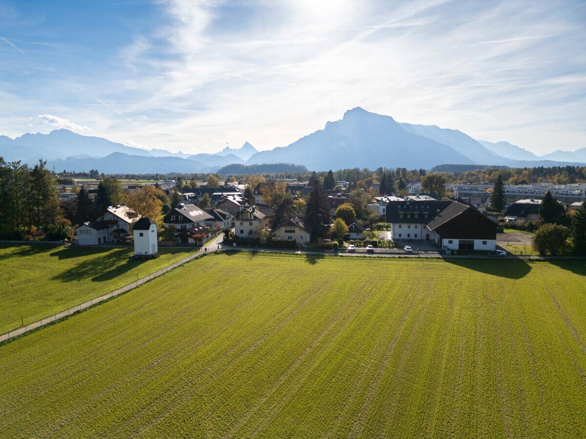 Weitläufige grüne Felder mit einer Siedlung und majestätischen Bergen im Hintergrund unter blauem Himmel.