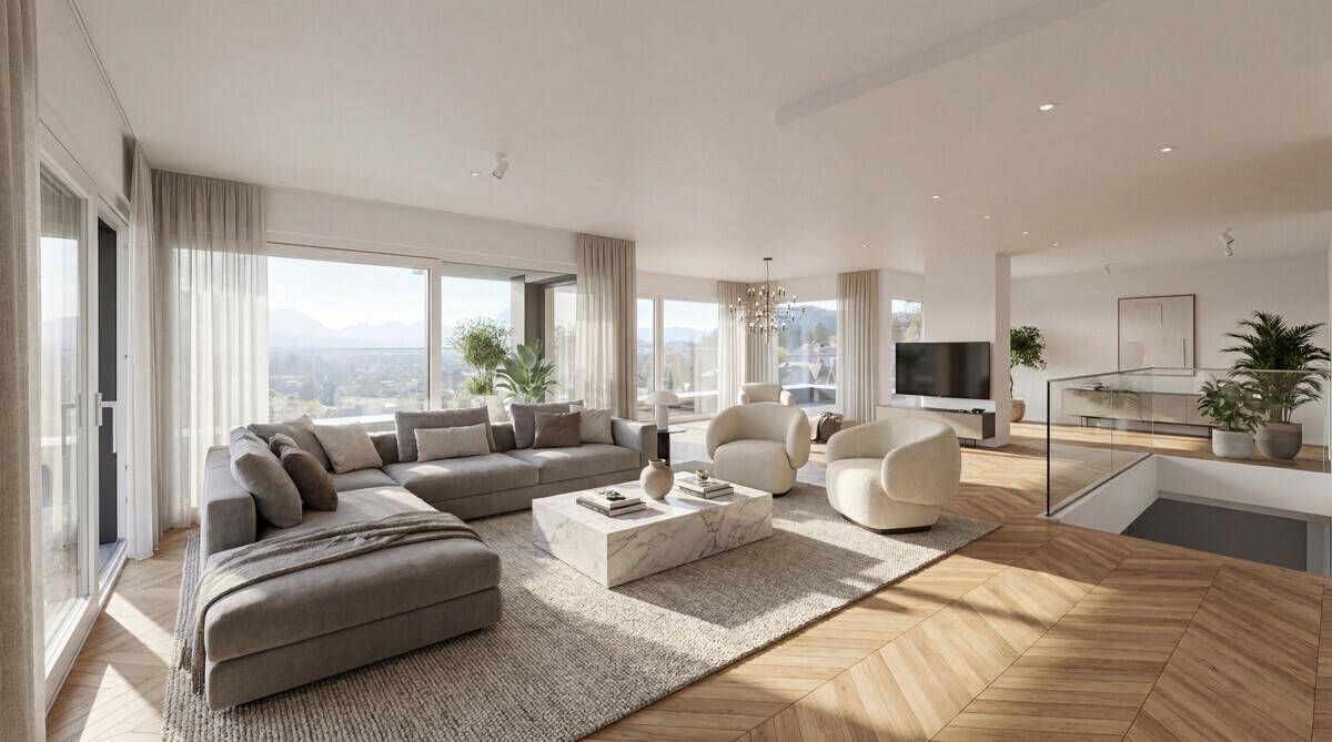 Großzügiges, lichtdurchflutetes Wohnzimmer mit modernem Design, Parkettboden und weitem Ausblick.