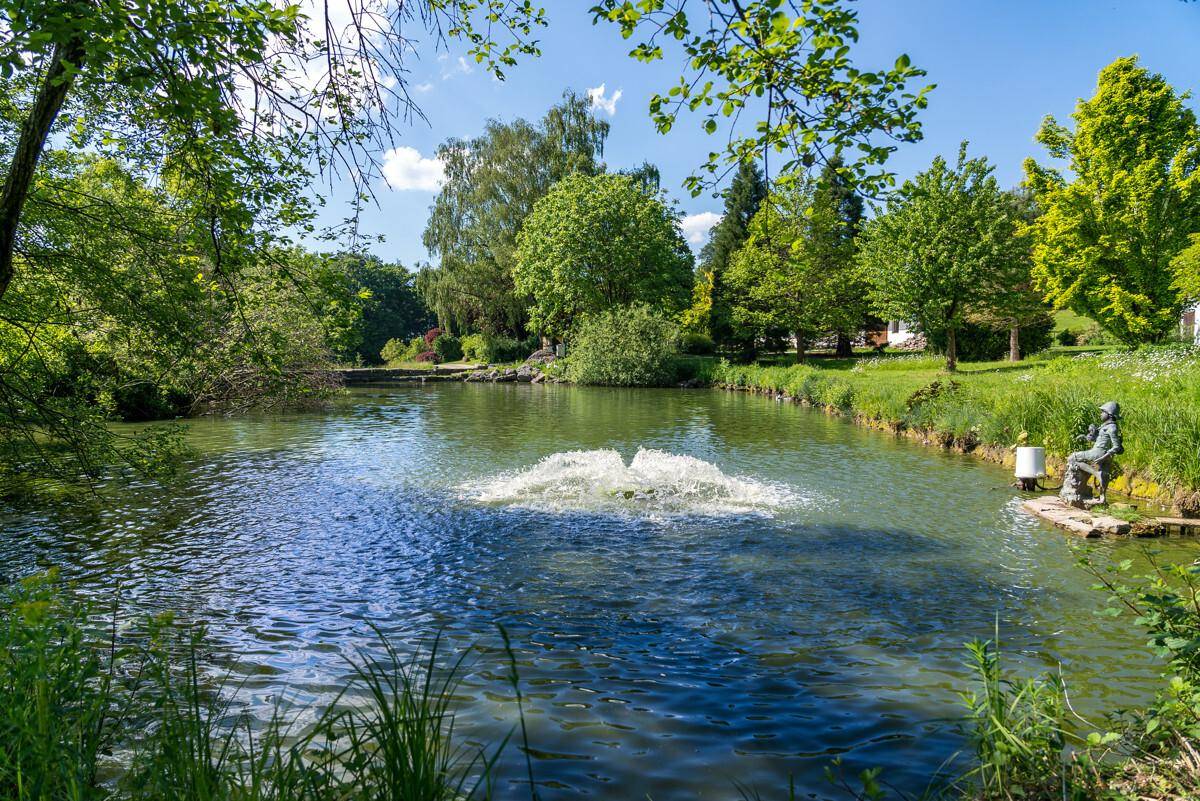 Idyllischer Teich mit einer sprudelnden Fontäne und einer kleinen Statue am Ufer, umgeben von Bäumen.