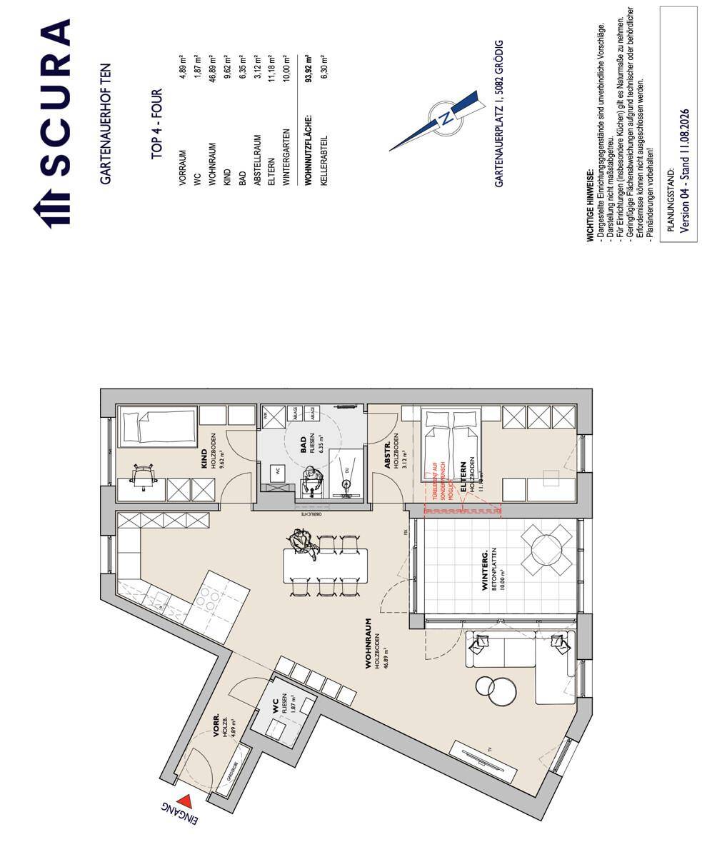Detaillierter Grundriss einer Wohnung mit offenem Wohnbereich, Wintergarten und mehreren Zimmern für flexible Nutzung.
