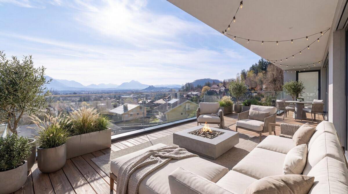 Großzügige Dachterrasse mit Lounge-Möbeln, Feuerstelle und weitem Panoramablick über die Landschaft.