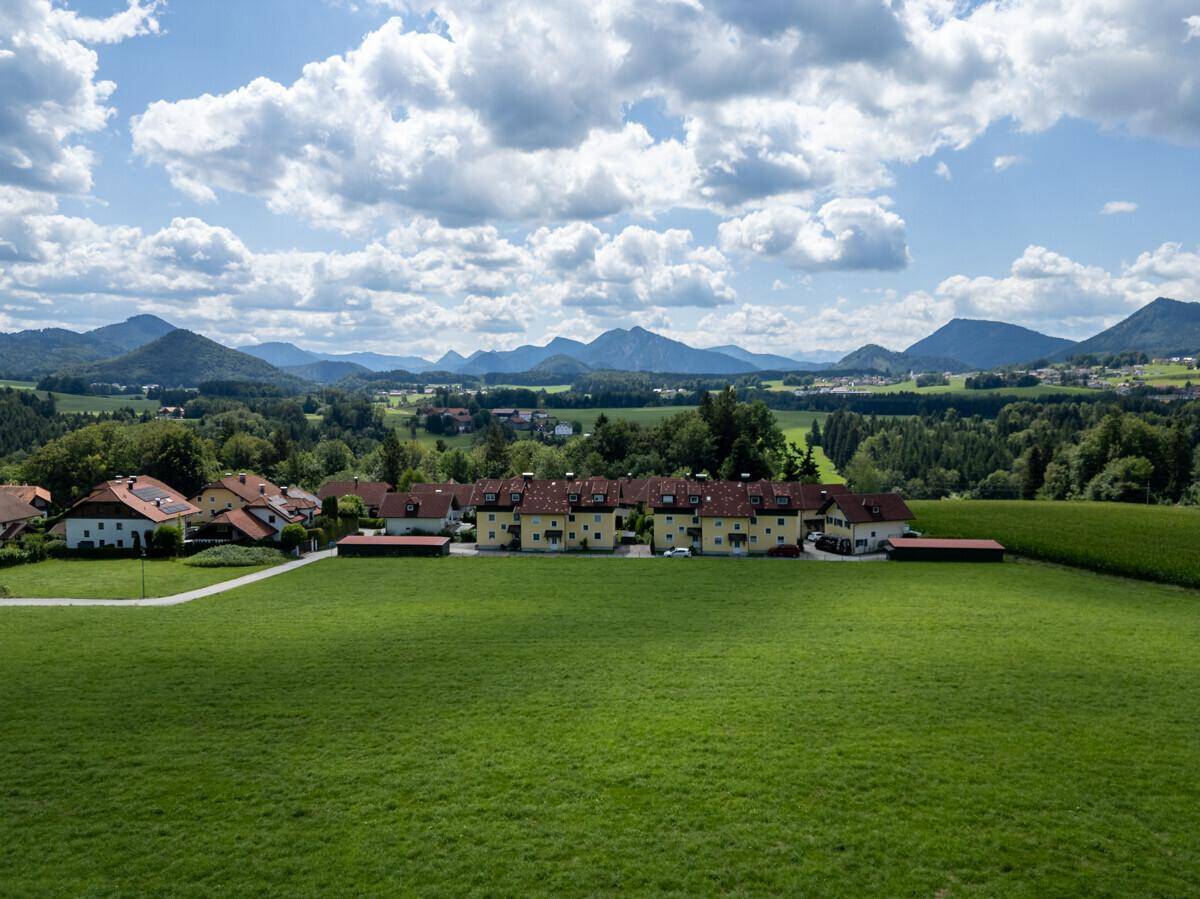 Panoramablick auf eine weite grüne Landschaft mit Feldern, Wäldern und Bergen am Horizont.