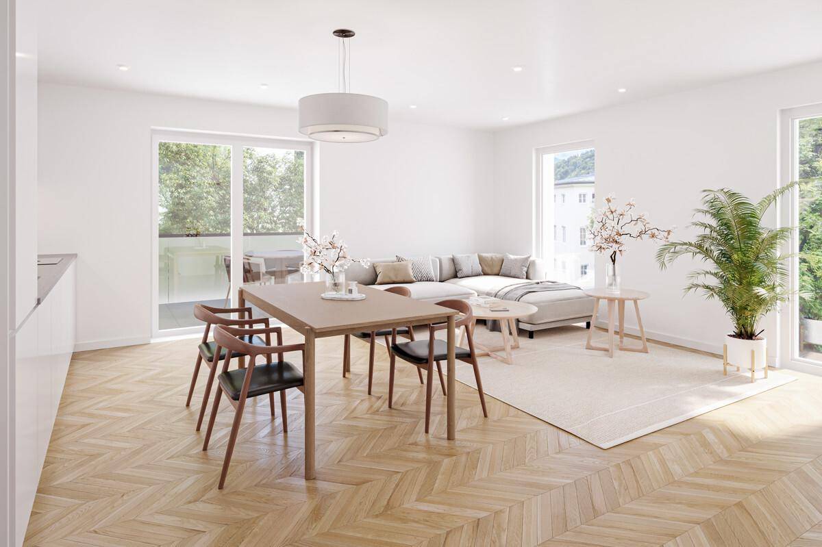 Heller Wohn- und Essbereich mit Fischgrätparkett, modernen Möbeln und Zugang zum Balkon.