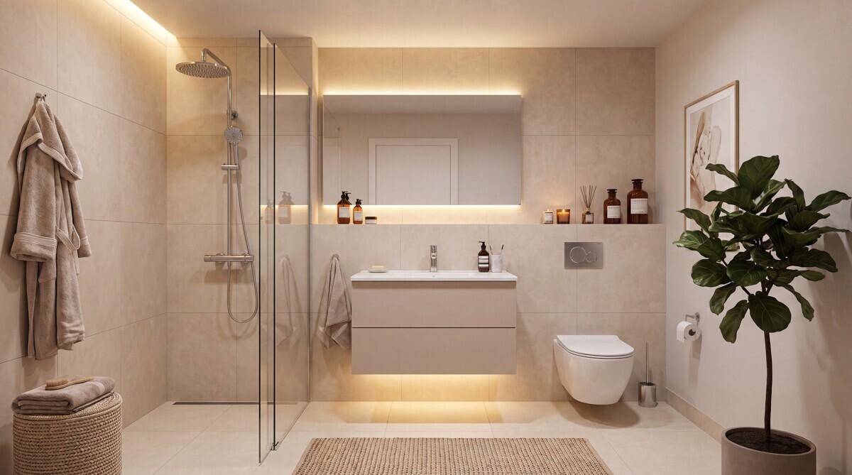 Modernes Badezimmer mit begehbarer Dusche, schwebendem Waschtisch und indirekter Beleuchtung.