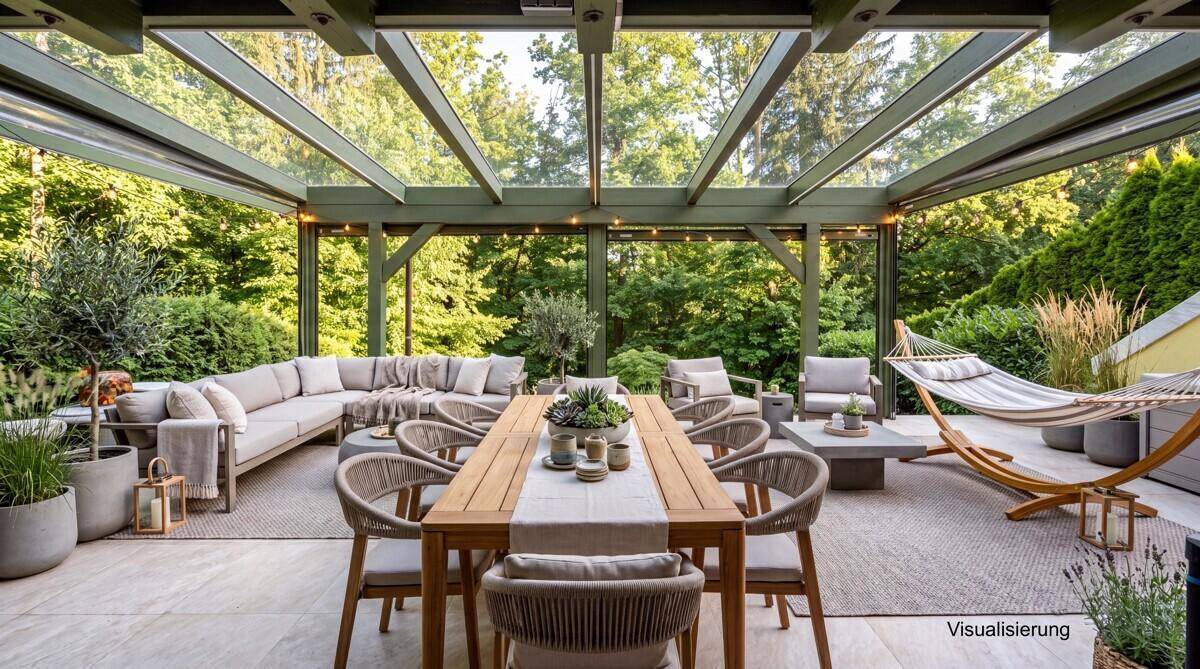 Großzügige, überdachte Terrasse mit Essbereich, Lounge-Möbeln und Hängematte im Grünen.
