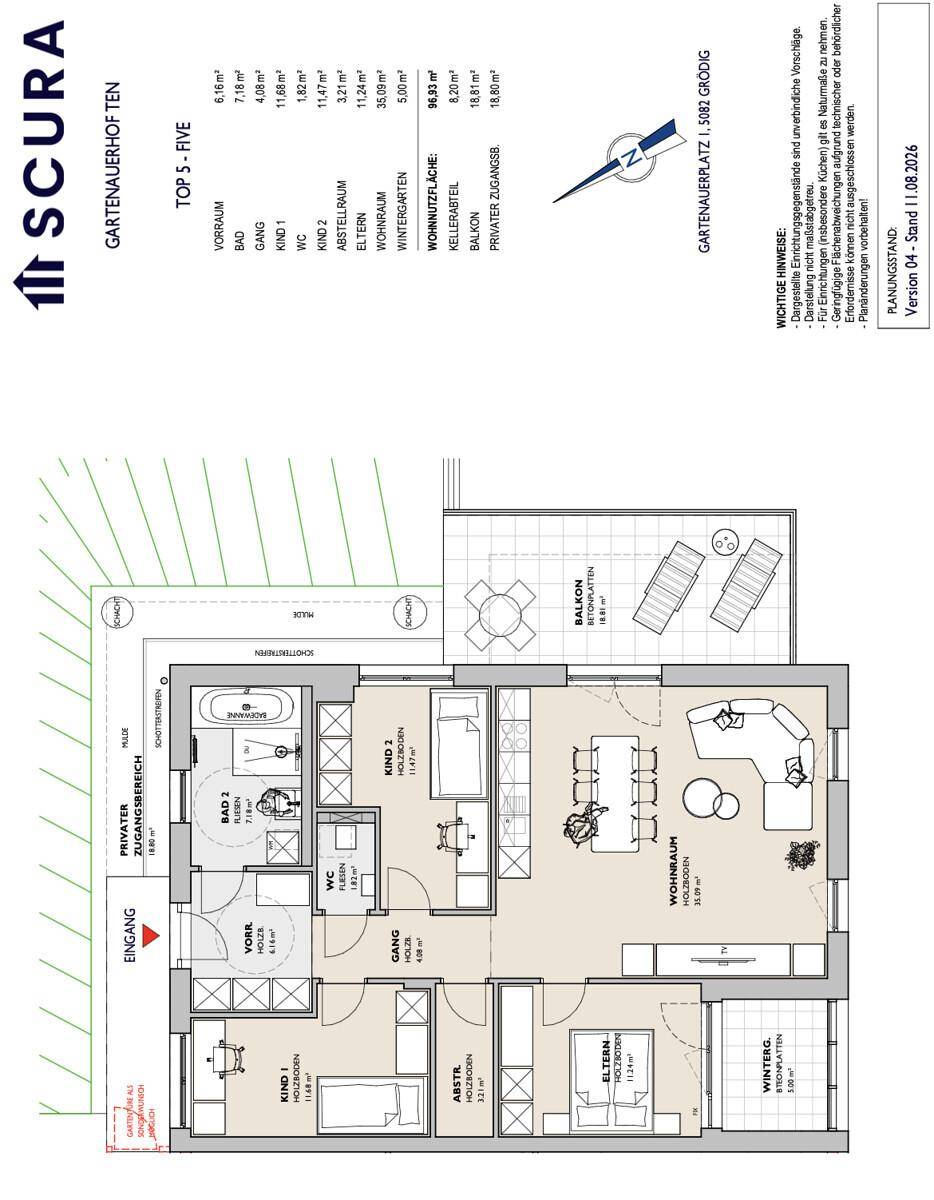 Detaillierter Grundriss einer Wohnung mit mehreren Zimmern, Balkon und Wintergarten.