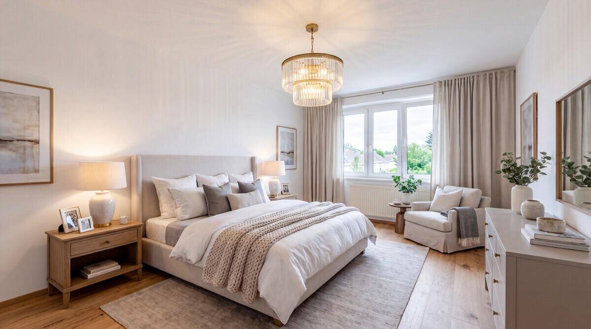Elegantes Schlafzimmer mit großem Bett, Holzboden und einem Kronleuchter, der für eine luxuriöse Atmosphäre sorgt.