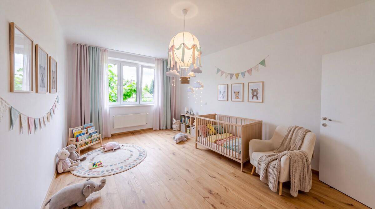 Helles Kinderzimmer mit Holzboden, Babybett und verspielter Dekoration, ideal für die Kleinsten.