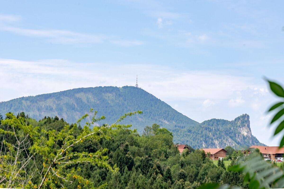 Weitläufiger Blick auf die Berglandschaft mit bewaldeten Hängen und vereinzelten Häusern unter blauem Himmel.