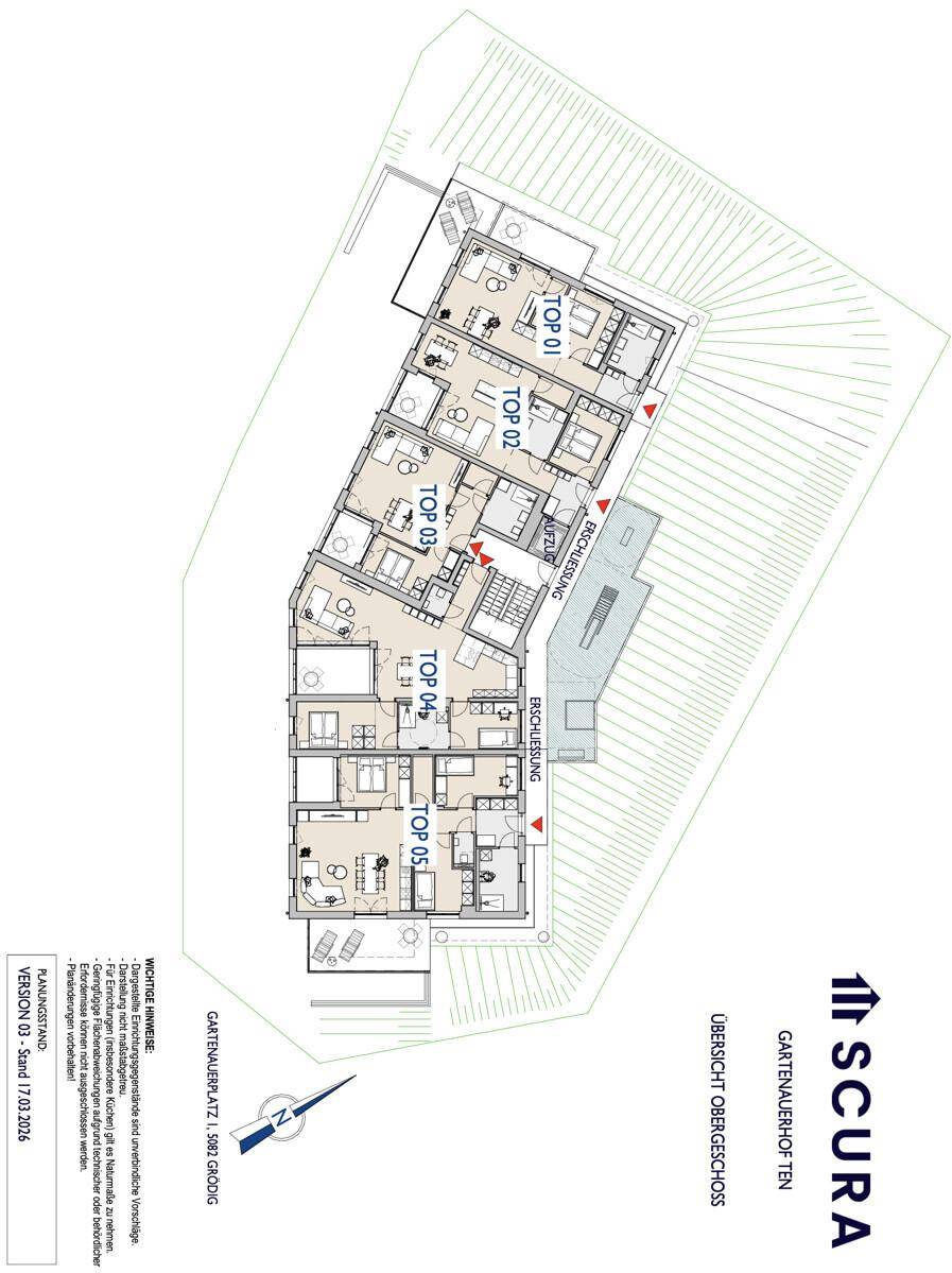 Übersichtsgrundriss des Obergeschosses mit mehreren Wohneinheiten und Terrassenbereichen.