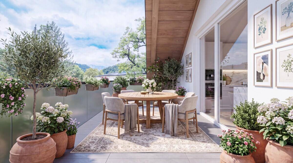 Großer, begrünter Balkon mit Esstisch und Stühlen, umgeben von Pflanzen und Bergblick.