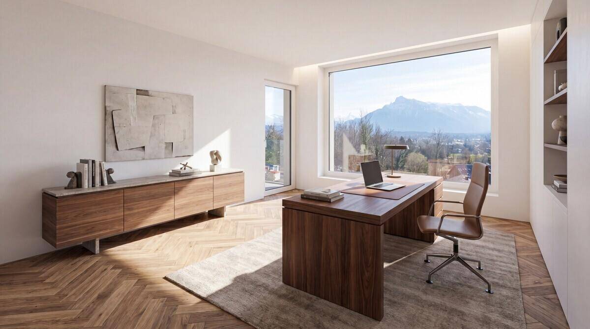 Helles Büro mit elegantem Holzschreibtisch, Parkettboden und beeindruckendem Bergblick.