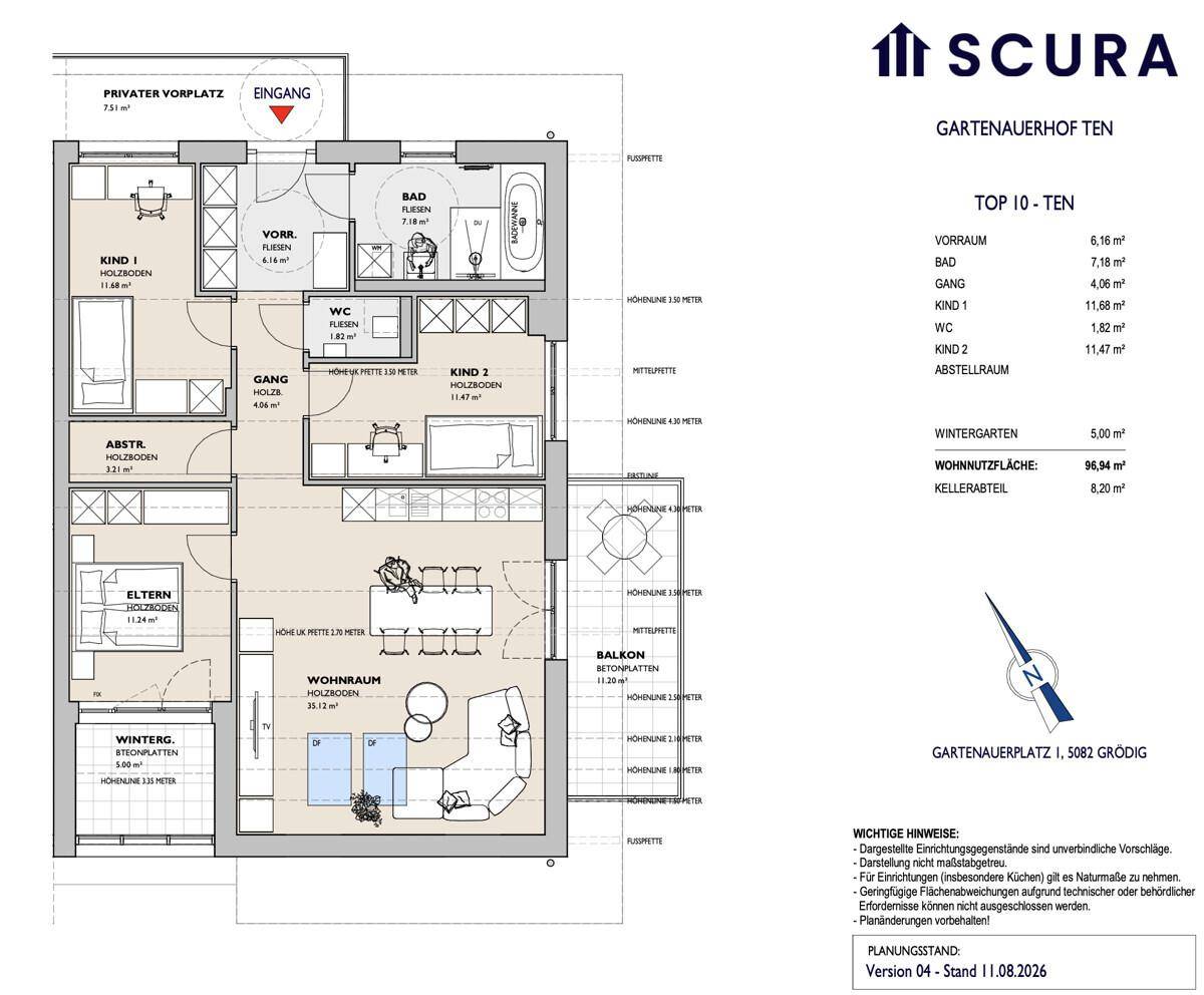 Detaillierter Grundriss einer Wohnung mit mehreren Zimmern, Balkon und Wintergarten.