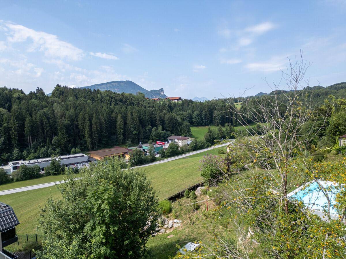 Weitläufiger Ausblick über ein grünes Tal mit einer Straße, Häusern und Bergen am Horizont.