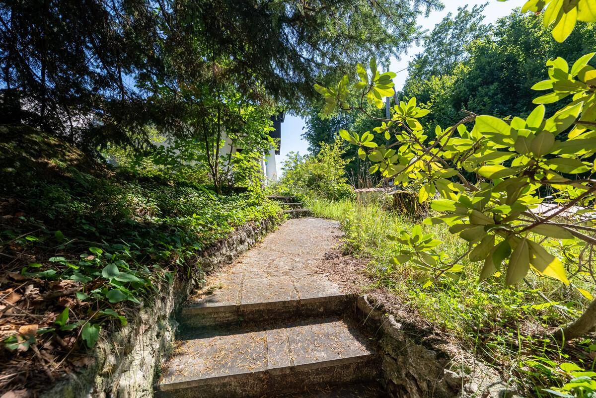 Steinerne Treppe führt durch üppiges Grün und Bäume, Teil des naturnahen Gartens.