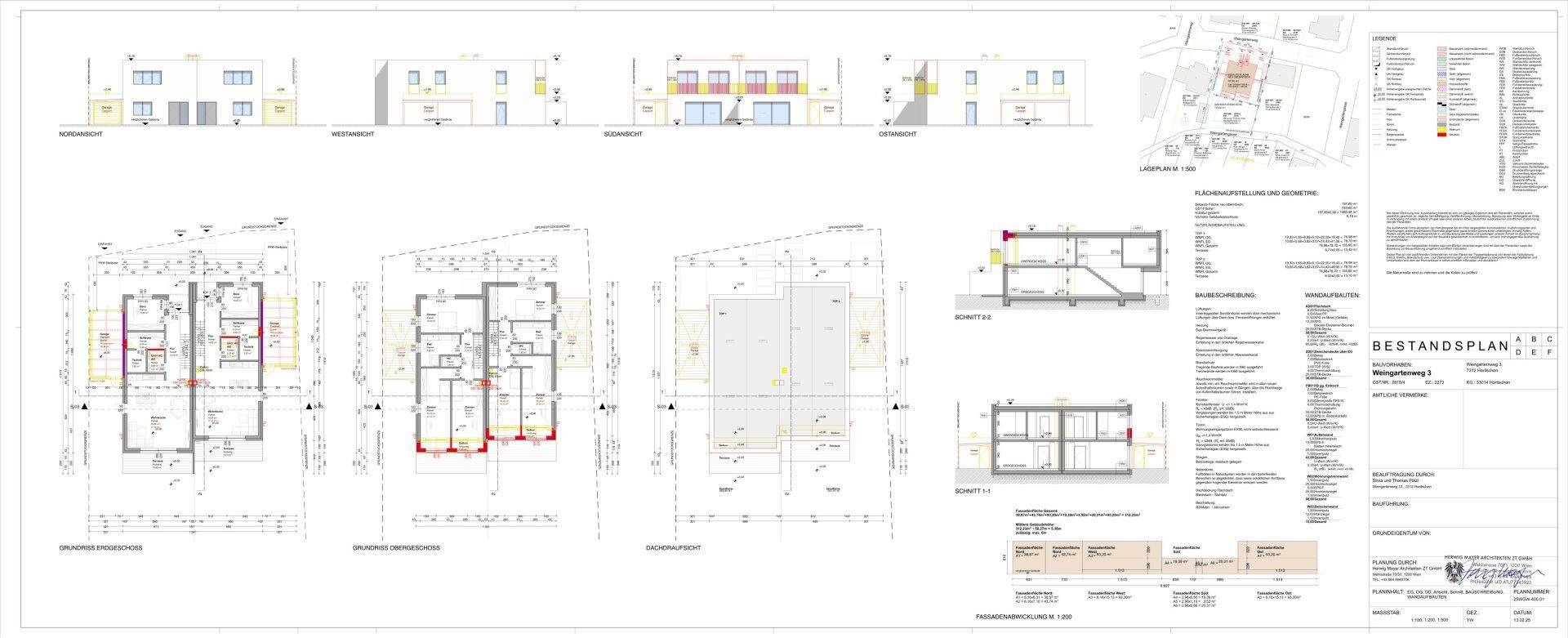 Umfassender Bestandsplan mit Grundrissen, Ansichten und Schnitten des Gebäudes.