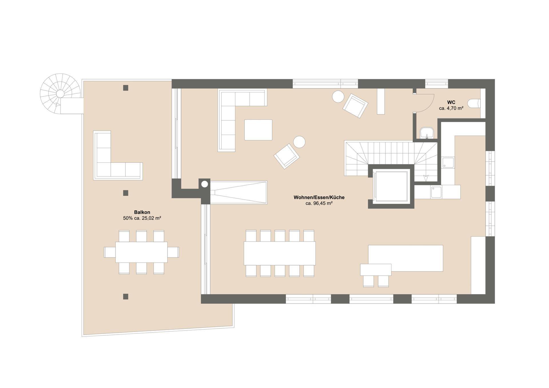 Grundriss des Hauptwohnbereichs mit offener Küche, Essbereich und großem Balkon.
