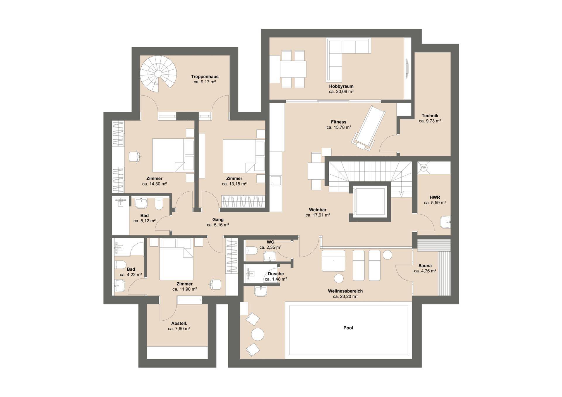 Grundriss des Untergeschosses mit Wellnessbereich, Pool, Sauna und Hobbyraum.
