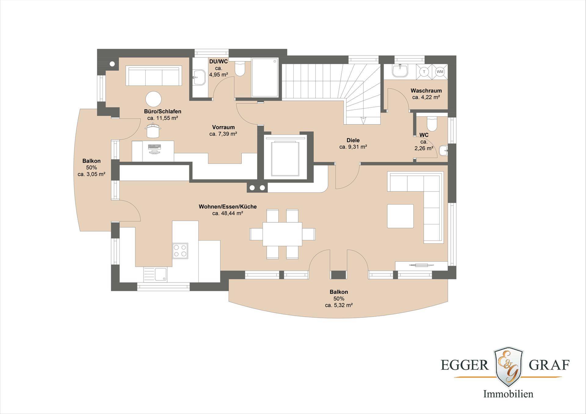 Grundriss des Obergeschosses mit Wohn-Ess-Küche, Büro/Schlafzimmer, Bad und zwei Balkonen.