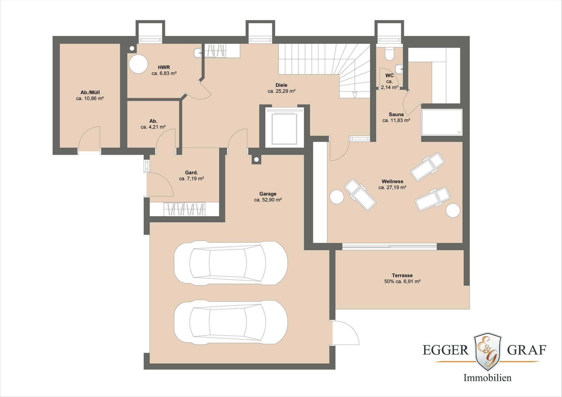 Grundriss des Untergeschosses mit Garage, Wellnessbereich, Sauna und Terrasse.