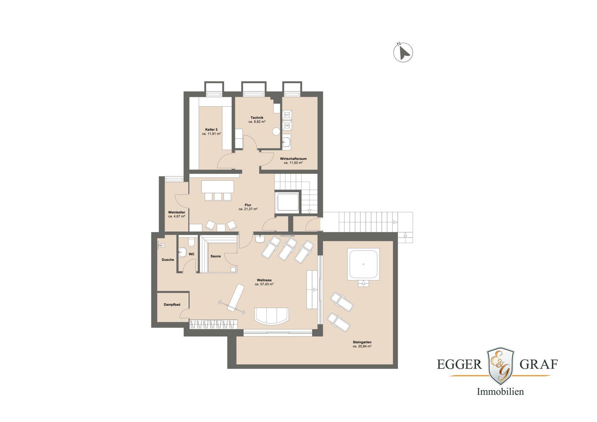 Grundriss des Untergeschosses mit Wellnessbereich, Sauna, Weinkeller und Steingarten mit Whirlpool.