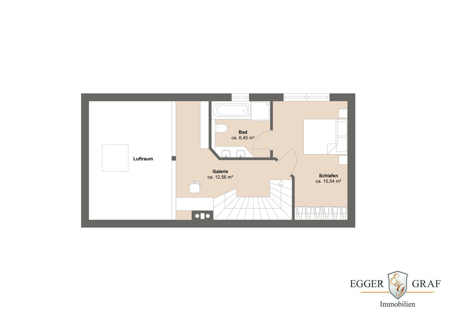 Grundriss des Obergeschosses mit Galerie, Schlafzimmer und Badezimmer.