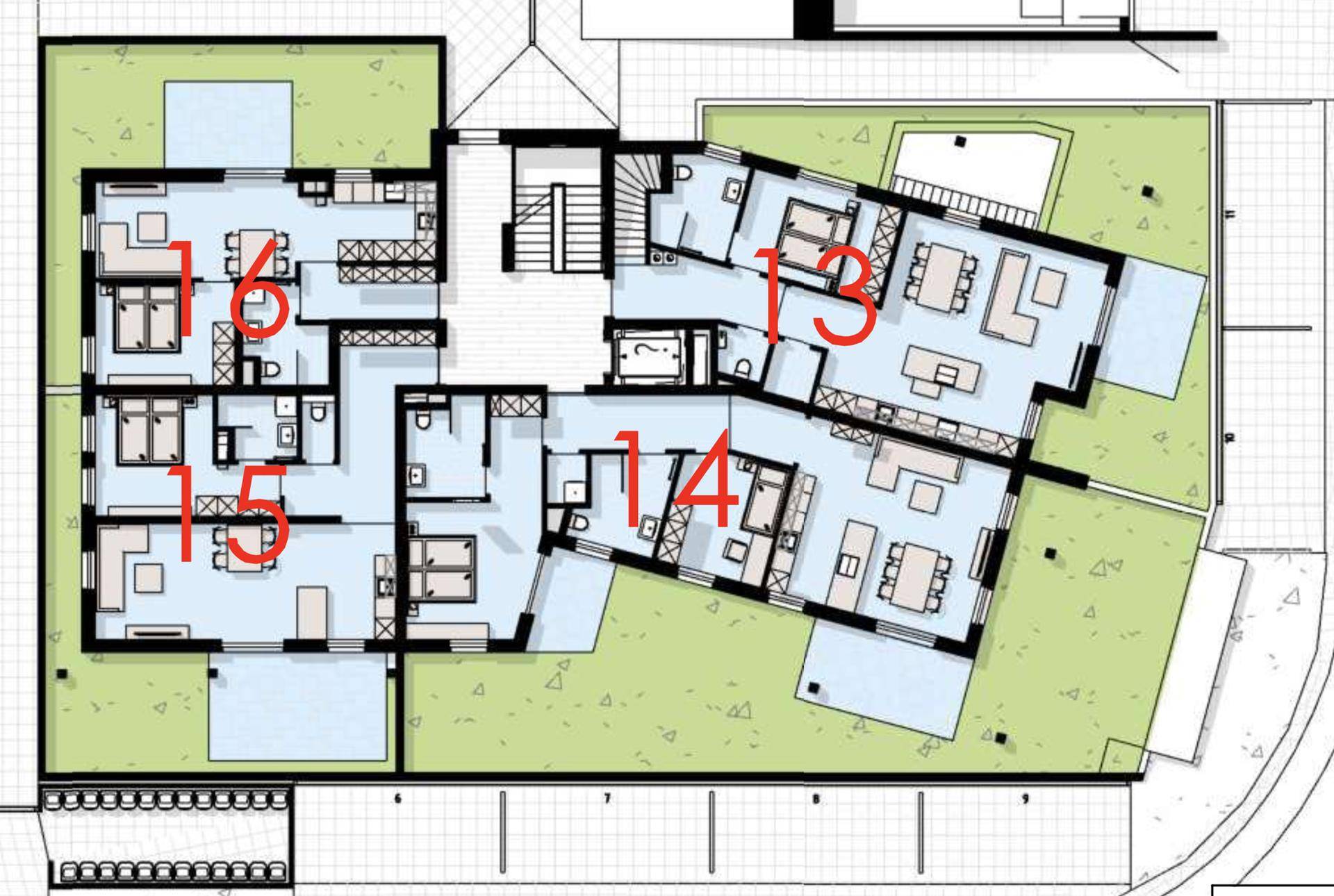 Grundriss des Erdgeschosses mit mehreren Wohneinheiten und Terrassenbereichen.