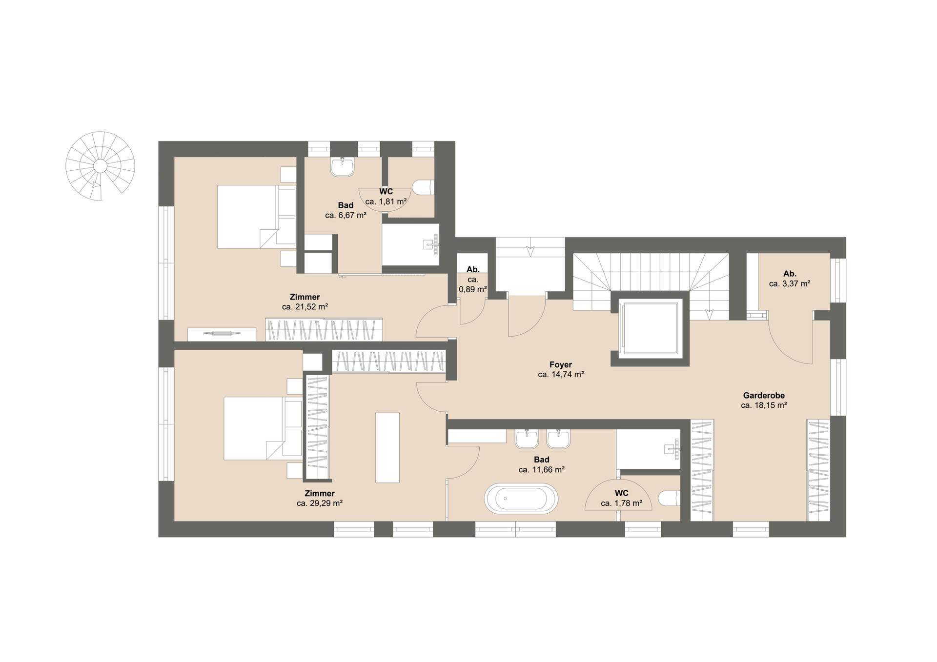 Grundriss des Obergeschosses mit Schlafzimmern, Bädern und Garderobe.