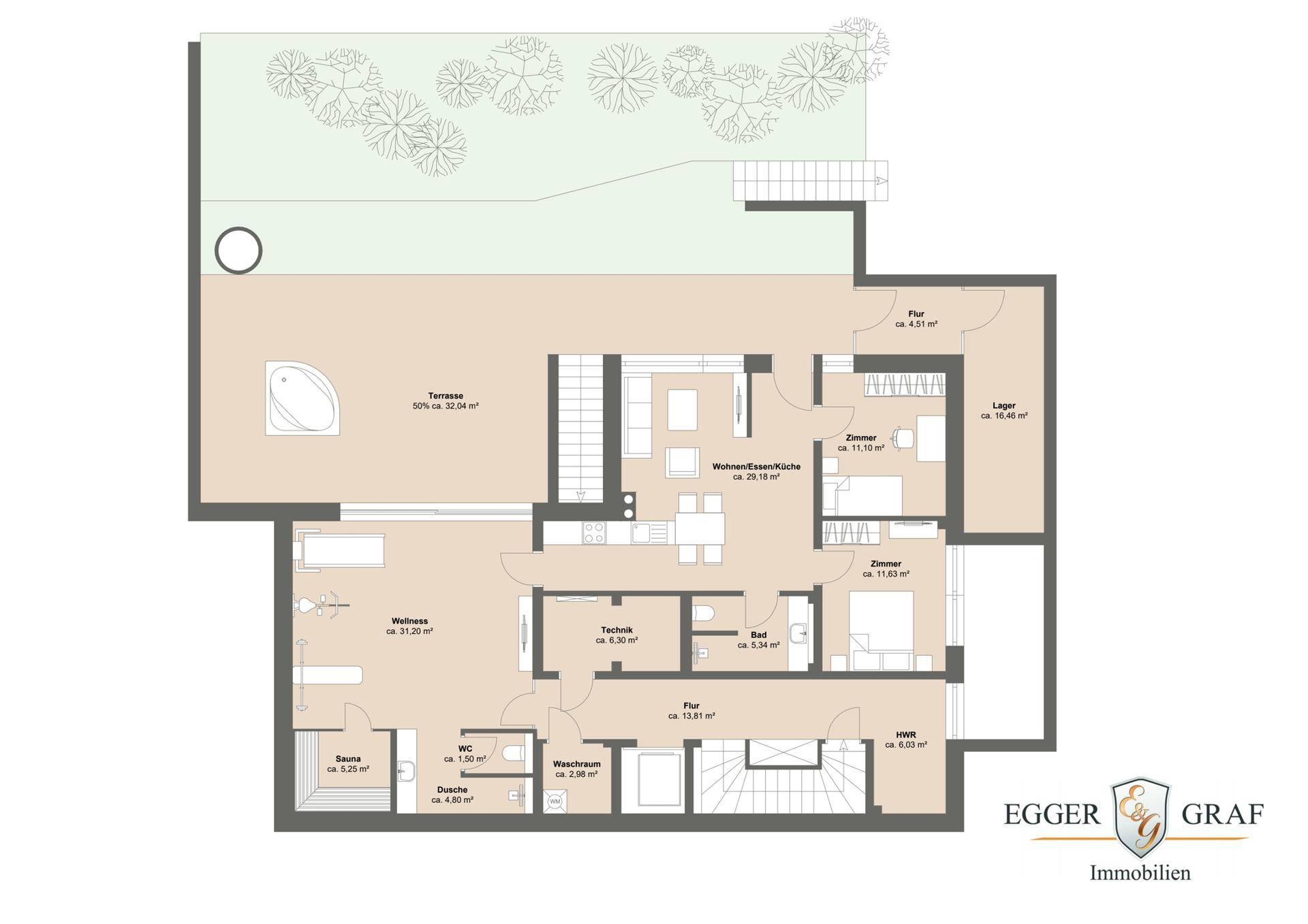 Grundrissplan einer Etage mit Wellnessbereich, Sauna, Zimmern und großer Terrasse.