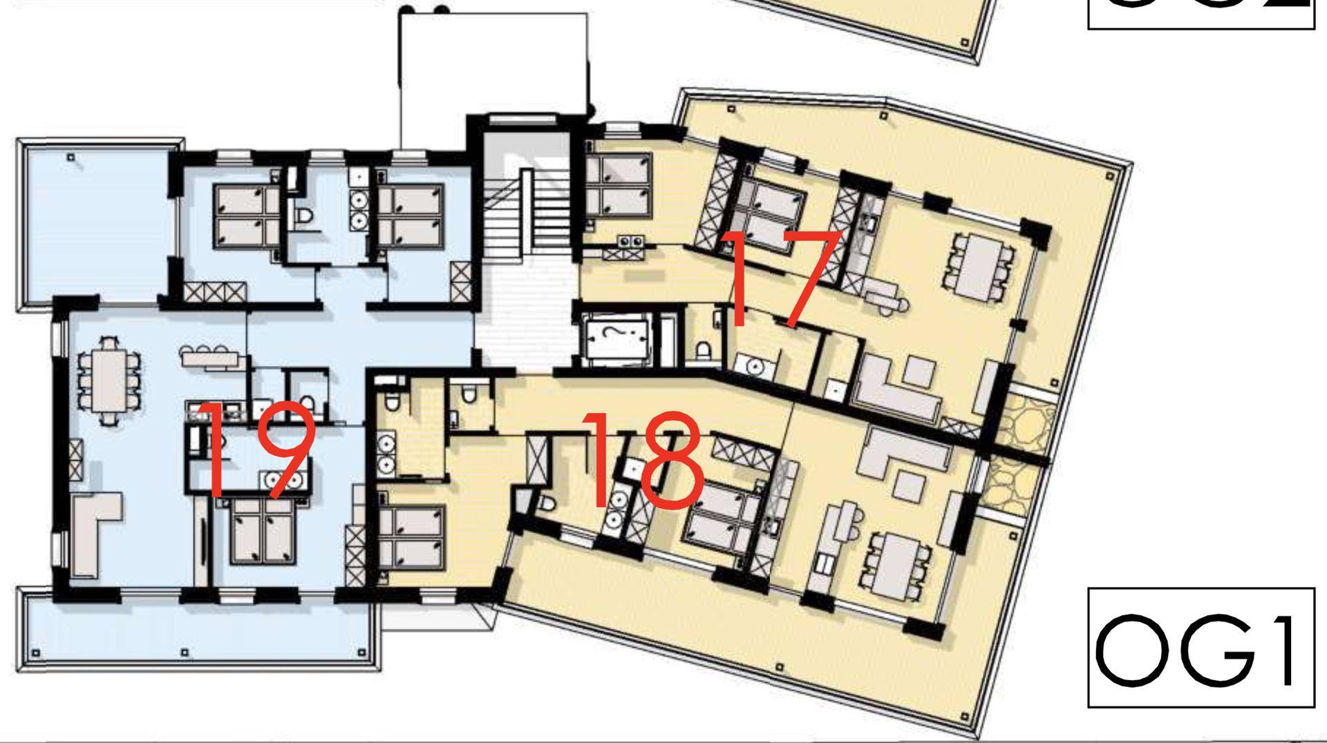 Grundriss des ersten Obergeschosses mit verschiedenen Wohnungslayouts und Balkonen.