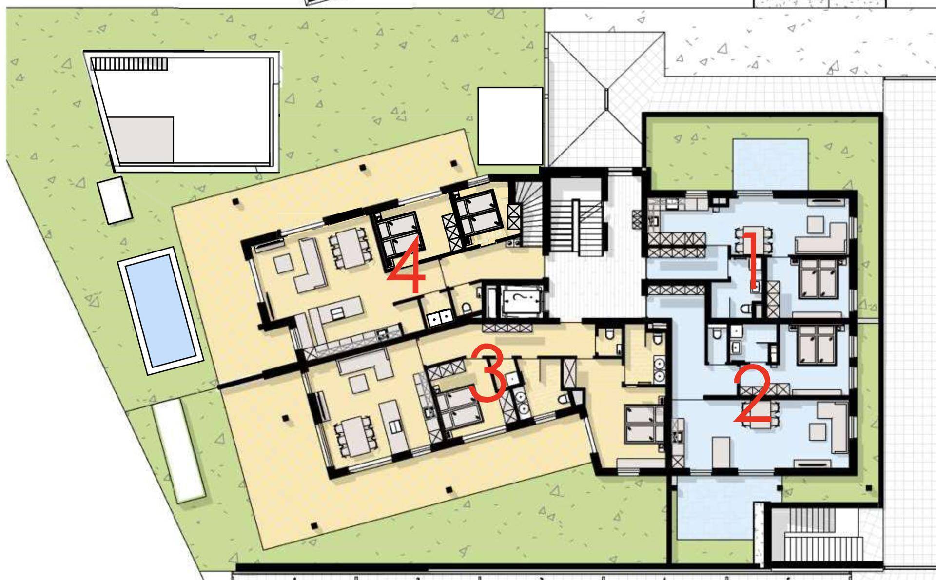 Grundrissplan einer Etage mit mehreren Wohneinheiten, Gartenbereichen und einem Gemeinschaftspool.