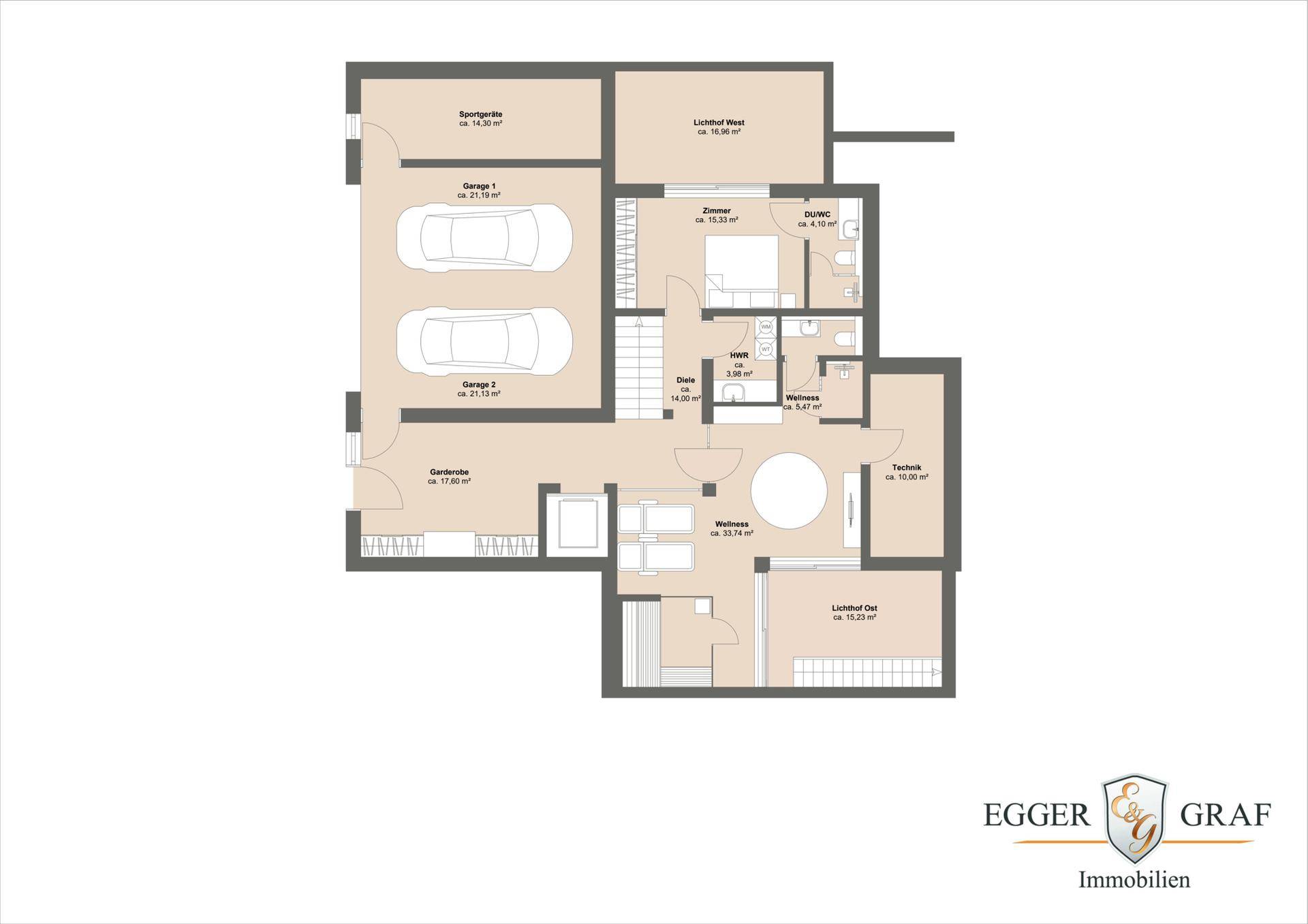 Grundriss des Untergeschosses mit Garage, Wellnessbereich und zusätzlichem Zimmer.