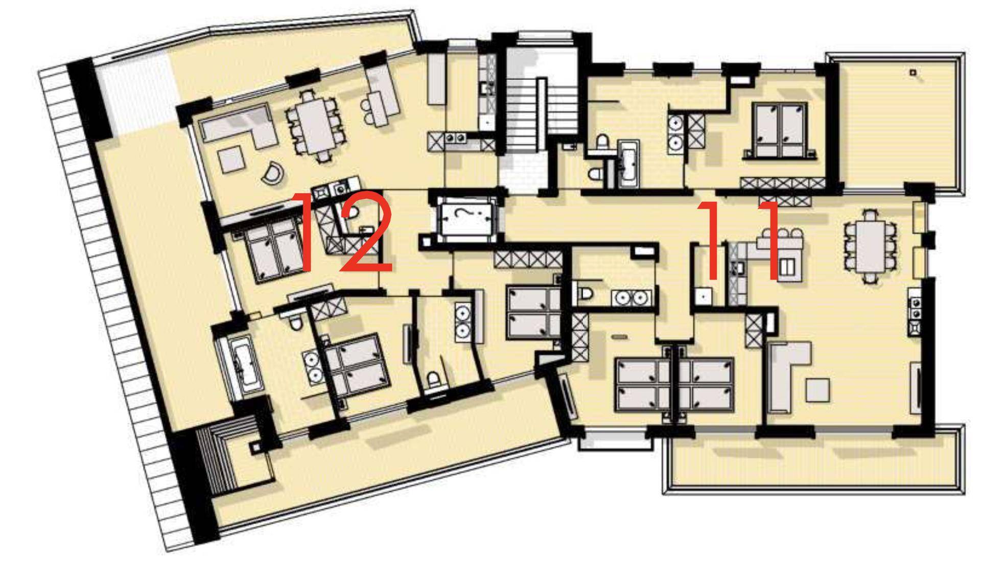Klarer Grundrissplan einer Wohnetage mit verschiedenen Apartmenttypen und großzügigen Außenbereichen.