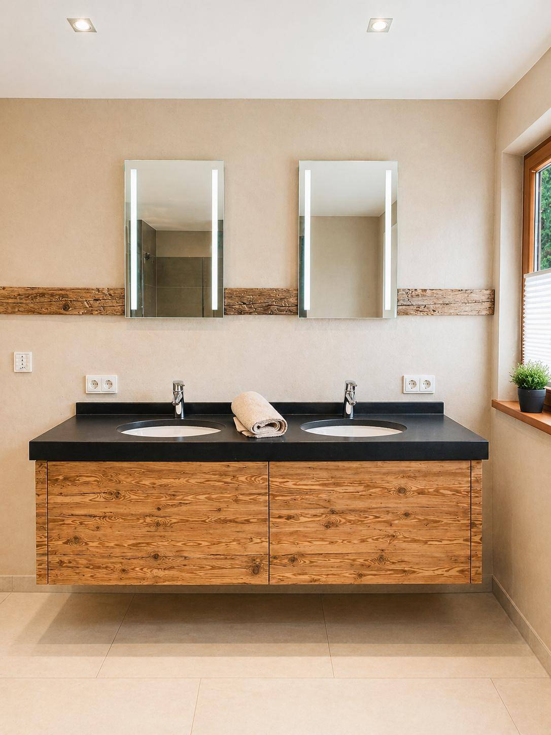 Modernes Badezimmer mit Doppelwaschbecken, Holzunterschrank und beleuchteten Spiegeln.