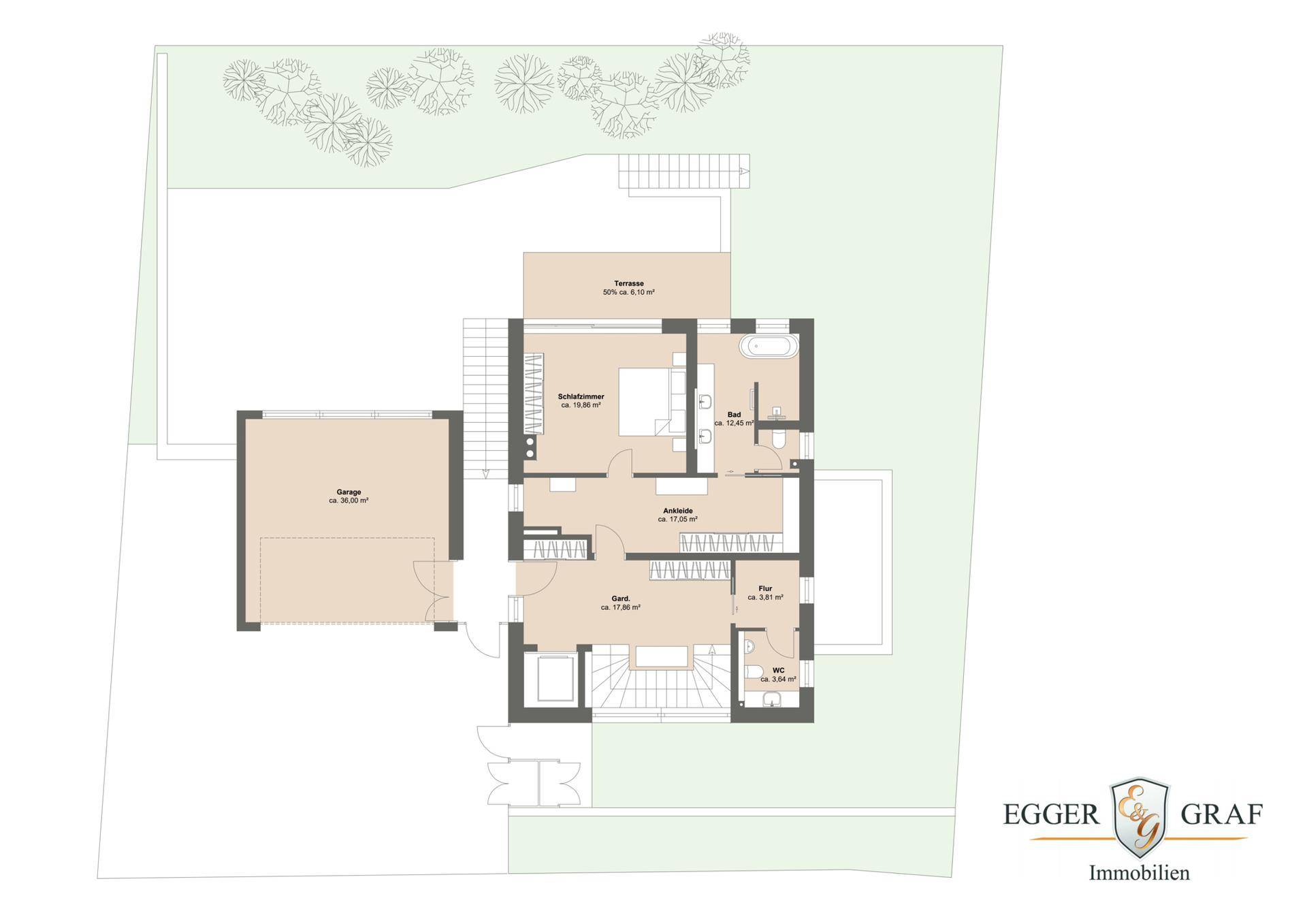 Grundrissplan einer Etage mit Garage, Schlafzimmer, Bad und großer Terrasse.