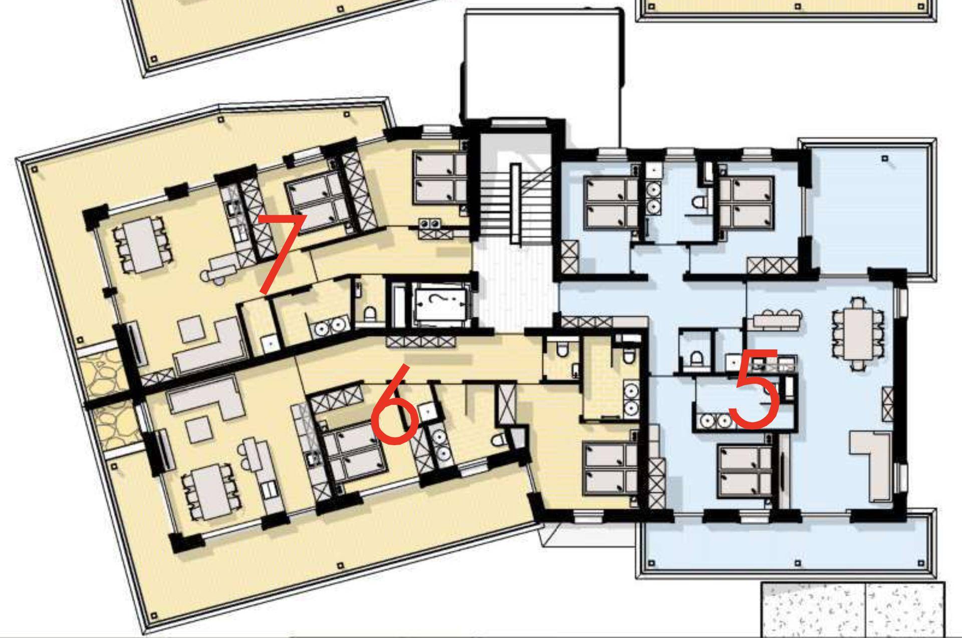 Detaillierter Grundrissplan einer Wohnetage mit verschiedenen Apartmentlayouts und Balkonzugängen.